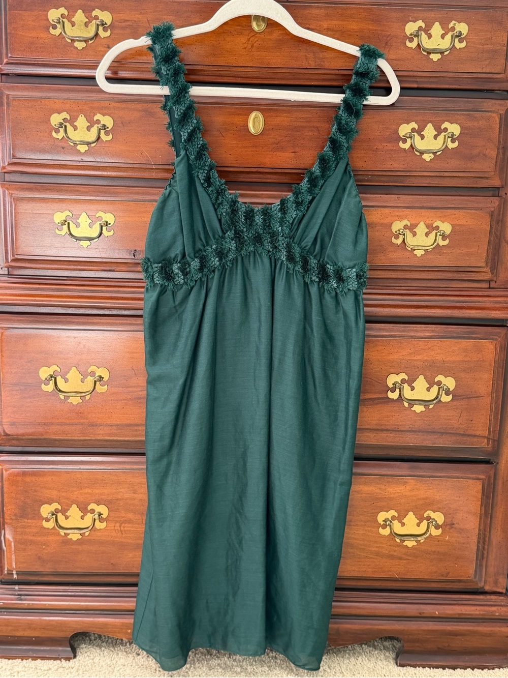 Max Studio Dark Emerald Green Silk Babydoll Dress with Pom Pom Fringe Large